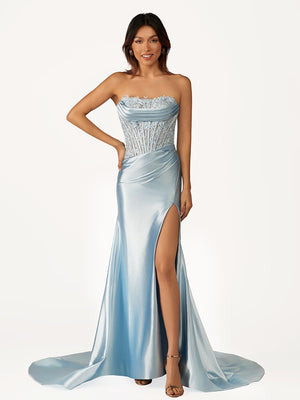 Fuchsia Beaded Strapless Applique Formal Dress with Slit – Prom Dresses by KissProm | Available at KissProm