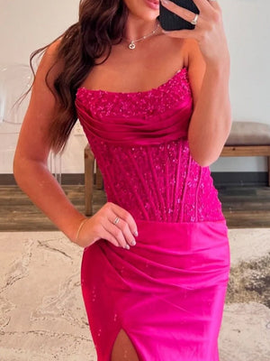 Fuchsia Beaded Strapless Applique Formal Dress with Slit – Prom Dresses by KissProm | Available at KissProm