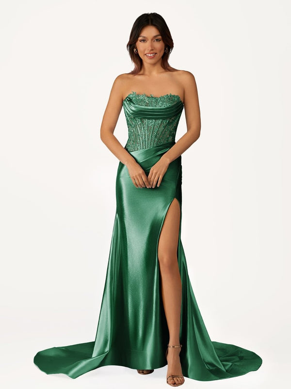 Fuchsia Beaded Strapless Applique Formal Dress with Slit – Prom Dresses by KissProm | Available at KissProm
