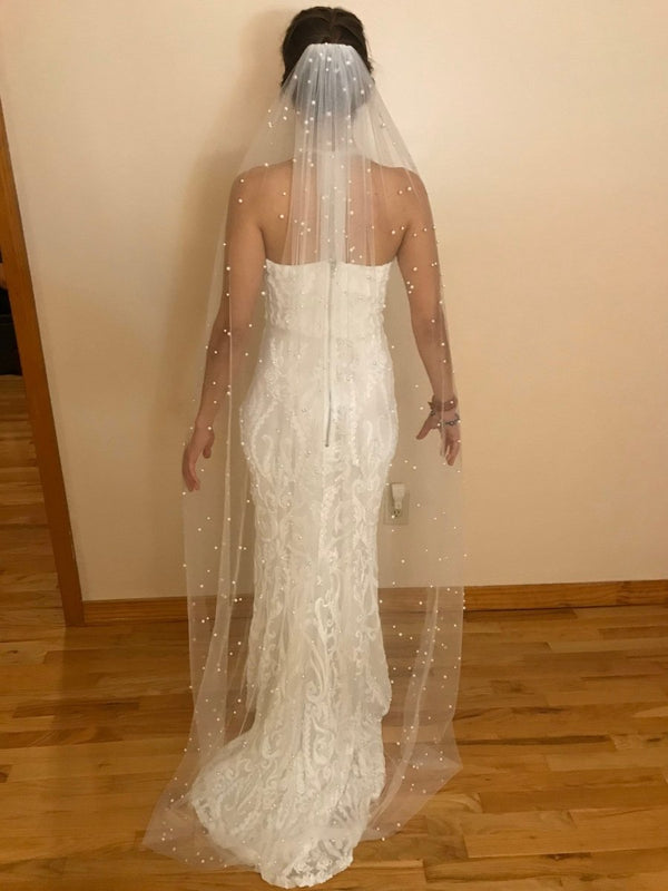 Vintage Lace Tulle Pearl Bridal Veil Wedding Veil - KissProm