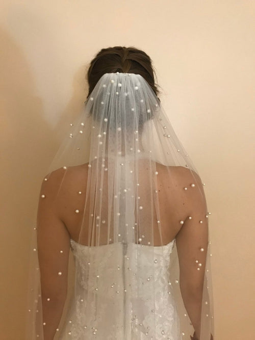 Vintage Lace Tulle Pearl Bridal Veil Wedding Veil - KissProm