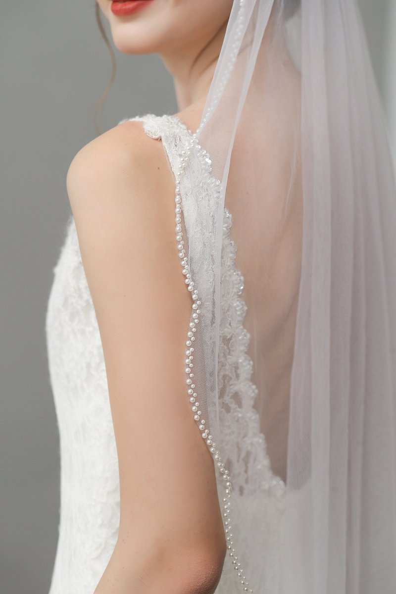 Vintage Pearls Ivory With Beaded Scalloped Bridal Veil Wedding Veil - KissProm