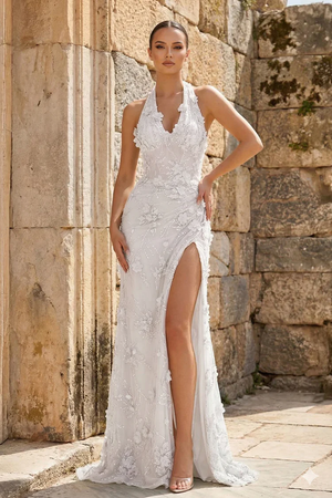 Sage Sheath Halter Sequined Long Prom Dresses With Floral Appliques