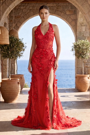 Sage Halter Sequined Sheath Long Prom Dresses With Floral Appliques