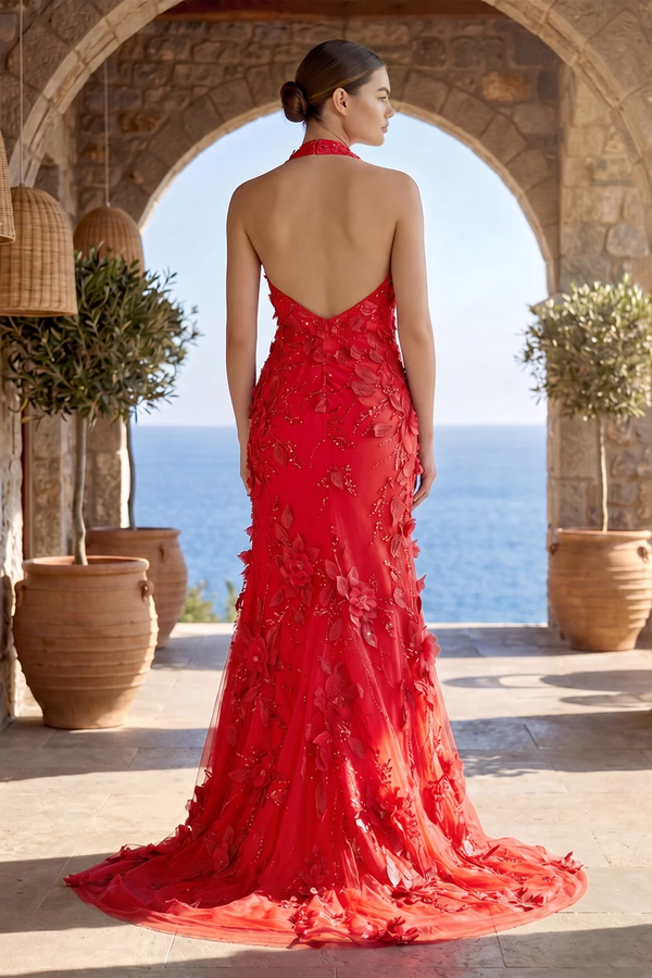 Sage Halter Sequined Sheath Long Prom Dresses With Floral Appliques