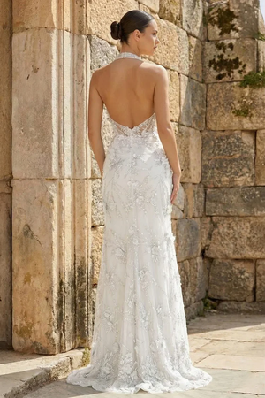 Sage Sheath Halter Sequined Long Prom Dresses With Floral Appliques