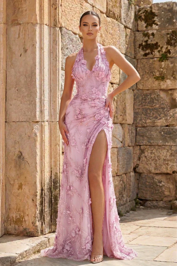 Sage Sheath Halter Sequined Long Prom Dresses With Floral Appliques