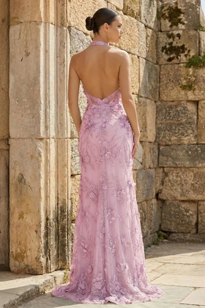 Sage Sheath Halter Sequined Long Prom Dresses With Floral Appliques