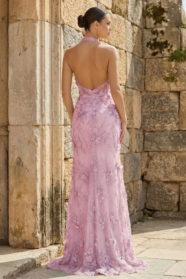 Sage Sheath Halter Sequined Long Prom Dresses With Floral Appliques