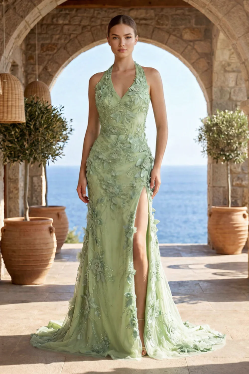 Sage Halter Sequined Sheath Long Prom Dresses With Floral Appliques