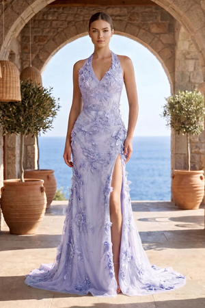 Sage Halter Sequined Sheath Long Prom Dresses With Floral Appliques