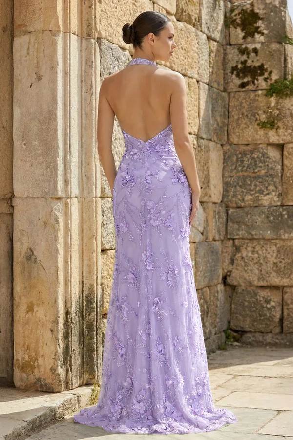 Sage Sheath Halter Sequined Long Prom Dresses With Floral Appliques