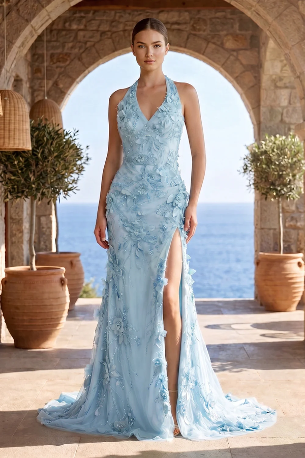 Sage Halter Sequined Sheath Long Prom Dresses With Floral Appliques