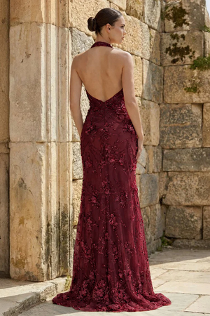 Sage Sheath Halter Sequined Long Prom Dresses With Floral Appliques