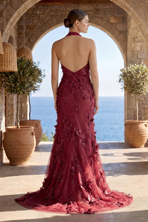 Sage Halter Sequined Sheath Long Prom Dresses With Floral Appliques