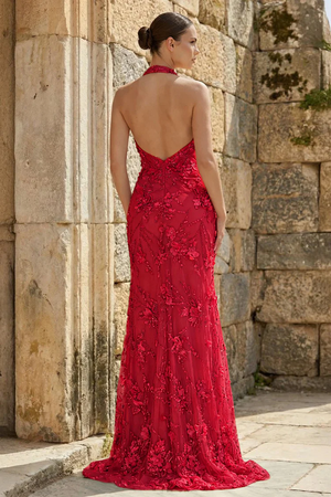 Sage Sheath Halter Sequined Long Prom Dresses With Floral Appliques