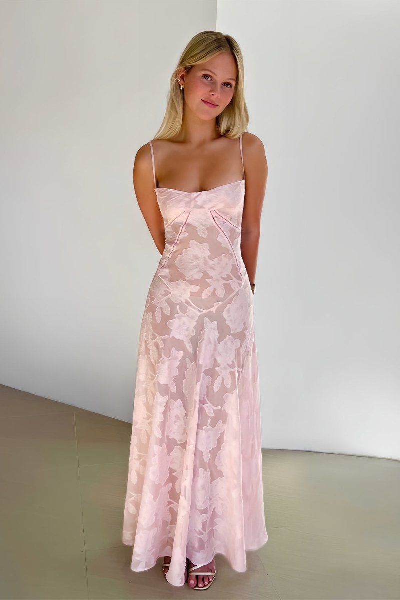 Pink Sheath Satin Floral Spaghetti Straps Long Prom Dresses – Prom Dresses by KissProm | Available at KissProm