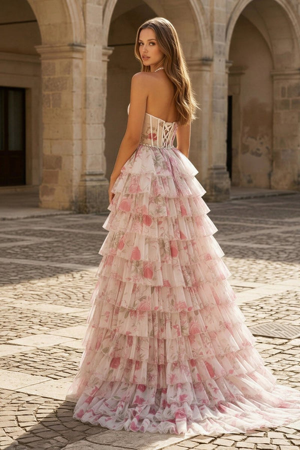 Pink – A Line Floral Tulle Halter Long Prom Dress with Ruffles and Beading - KissProm