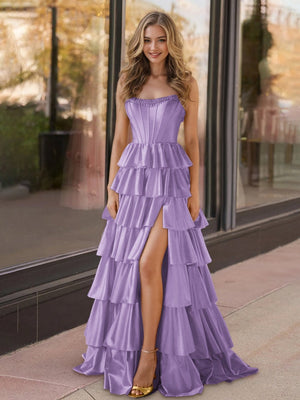 Indiana | Lavender Strapless Satin Ruffle Tiered Beaded A Line Prom Dresses - KissProm