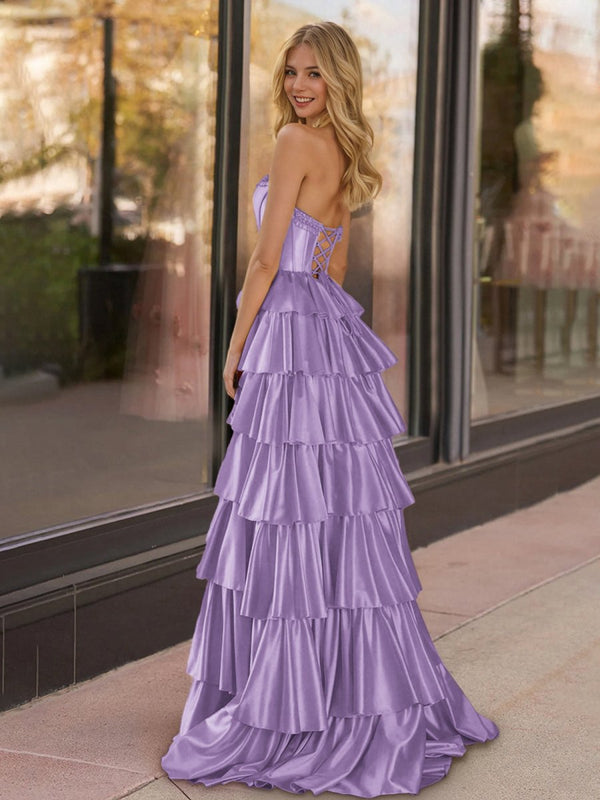 Indiana | Lavender Strapless Satin Ruffle Tiered Beaded A Line Prom Dresses - KissProm