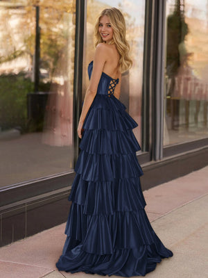 Indiana | Navy Blue Strapless Satin Ruffle Tiered Beaded A Line Prom Dresses - KissProm