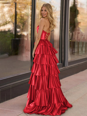 Indiana | Red Strapless Satin Ruffle Tiered Beaded A Line Prom Dresses - KissProm