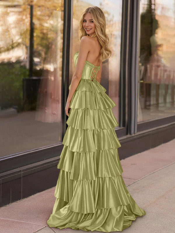 Indiana | Sage Strapless Satin Ruffle Tiered Beaded A Line Prom Dresses - KissProm 