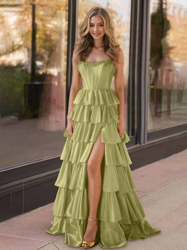 Indiana | Sage Strapless Satin Ruffle Tiered Beaded A Line Prom Dresses - KissProm 