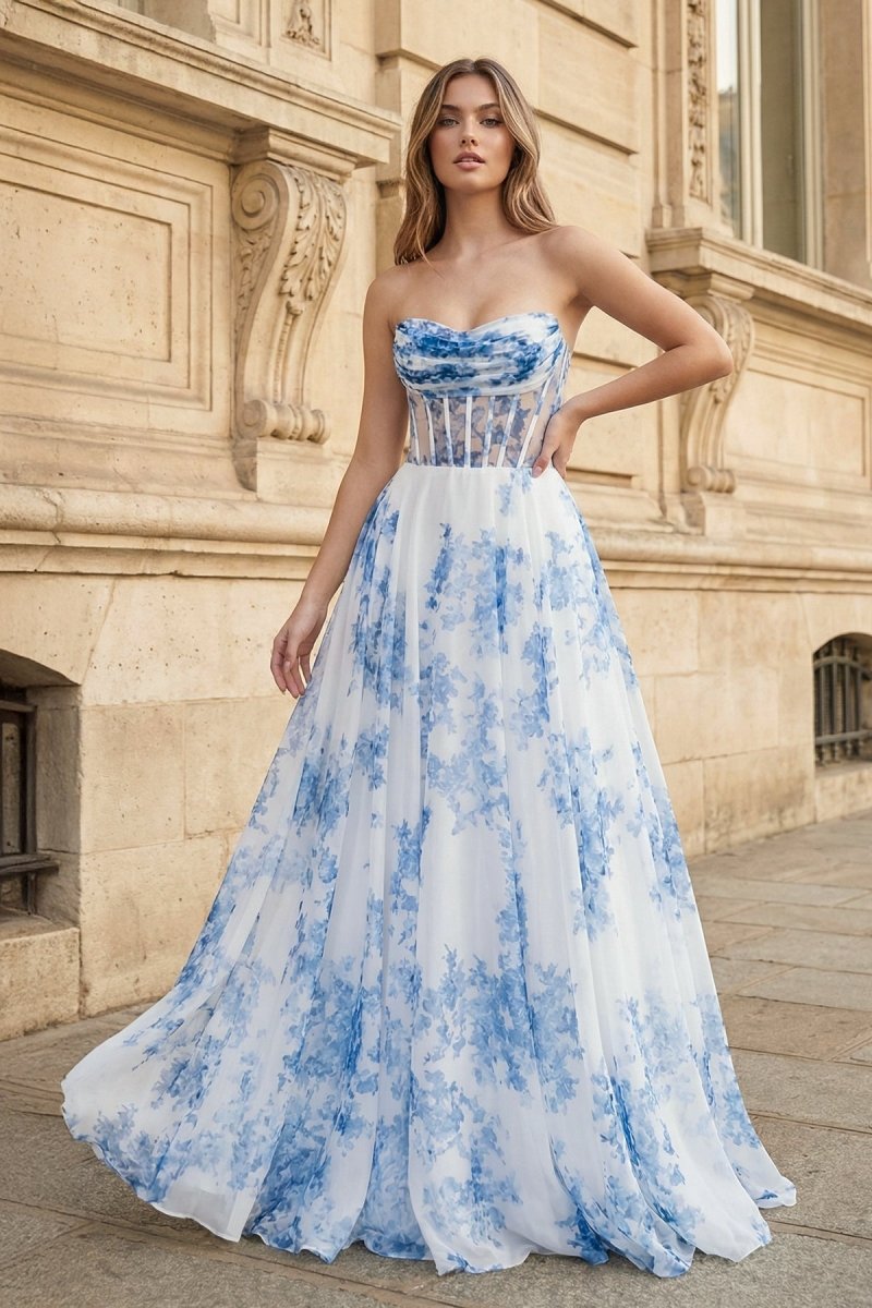 A - Line Strapless Blue Floral Print Long Prom Dresses - KissProm