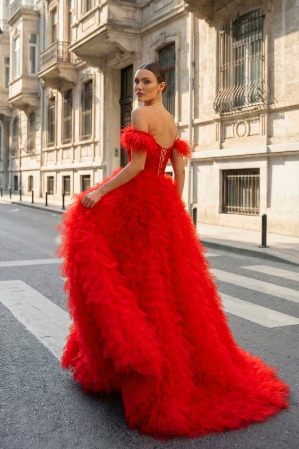 A Line Sweetheart Tiered Tulle Long Prom Dress With Slit - KissProm