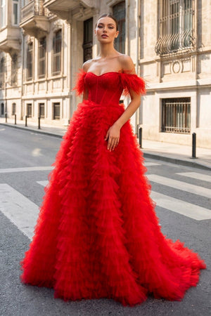 A Line Sweetheart Tiered Tulle Long Prom Dress With Slit - KissProm