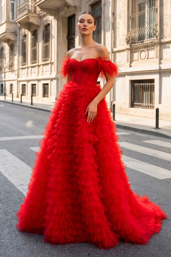 A Line Sweetheart Tiered Tulle Long Prom Dress With Slit - KissProm