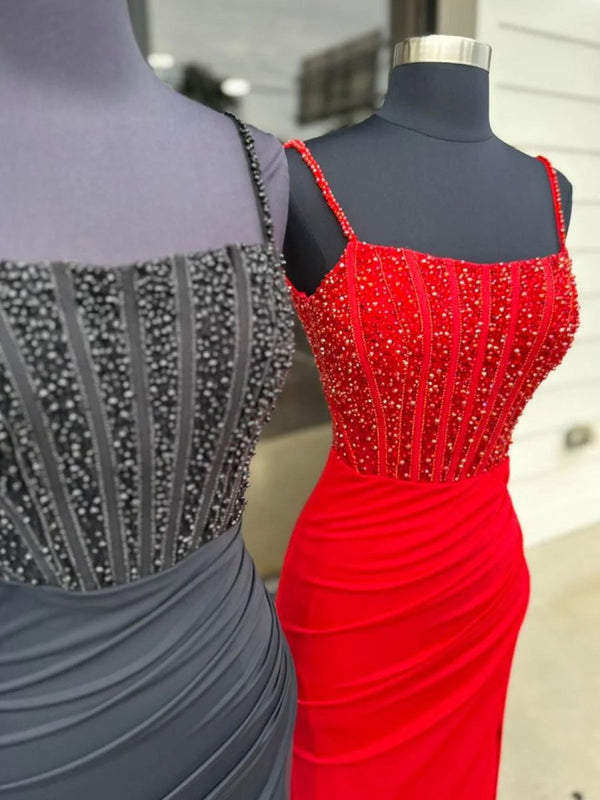 Iolanthe | Mermaid Square Neck Red Beaded Long Prom Dress with Slit