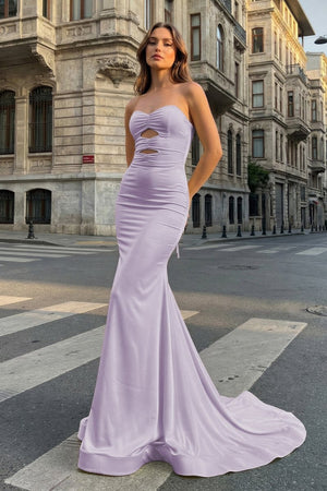 Yellow Sweetheart Mermaid Satin Long Prom Dresses With Cutout – Prom Dresses by KissProm | Available at KissProm