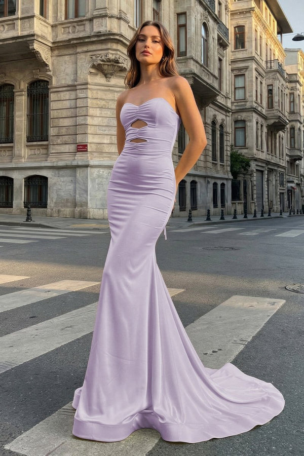 Yellow Sweetheart Mermaid Satin Long Prom Dresses With Cutout – Prom Dresses by KissProm | Available at KissProm