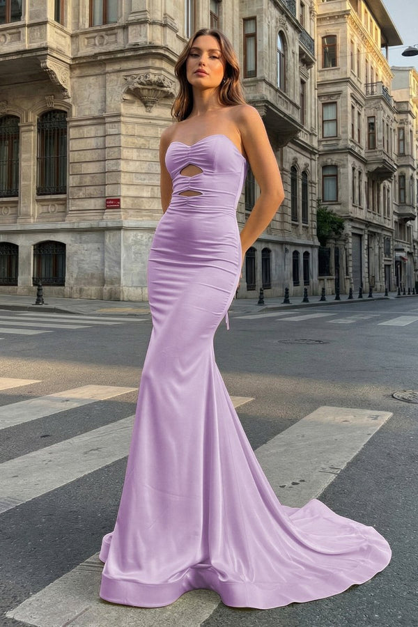 Yellow Sweetheart Mermaid Satin Long Prom Dresses With Cutout – Prom Dresses by KissProm | Available at KissProm