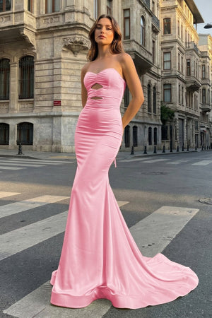 Yellow Sweetheart Mermaid Satin Long Prom Dresses With Cutout – Prom Dresses by KissProm | Available at KissProm