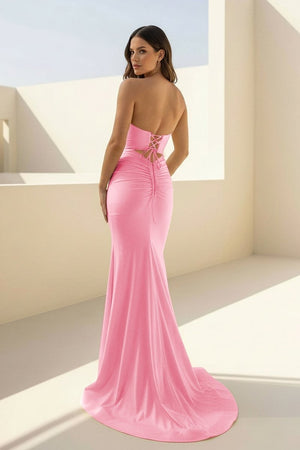 Yellow Sweetheart Mermaid Satin Long Prom Dresses With Cutout – Prom Dresses by KissProm | Available at KissProm