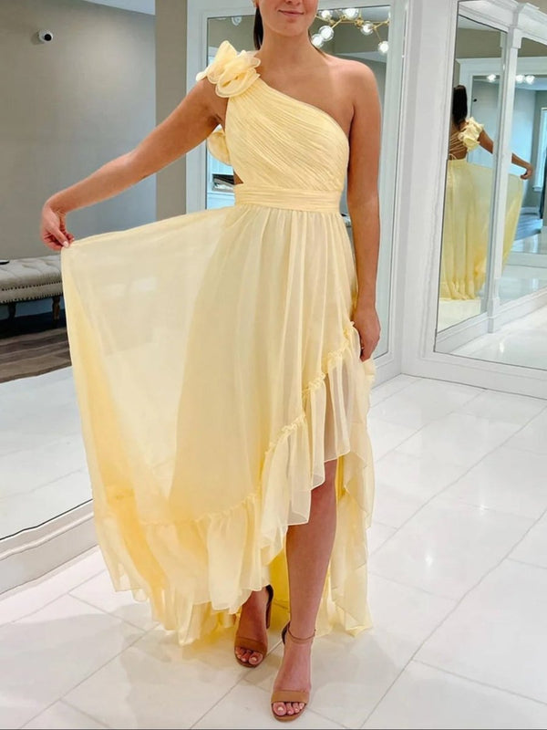 Light Yellow | A-line One Shoulder Lace-Up Pleated Ruffle High-Low Prom Dress -KissProm