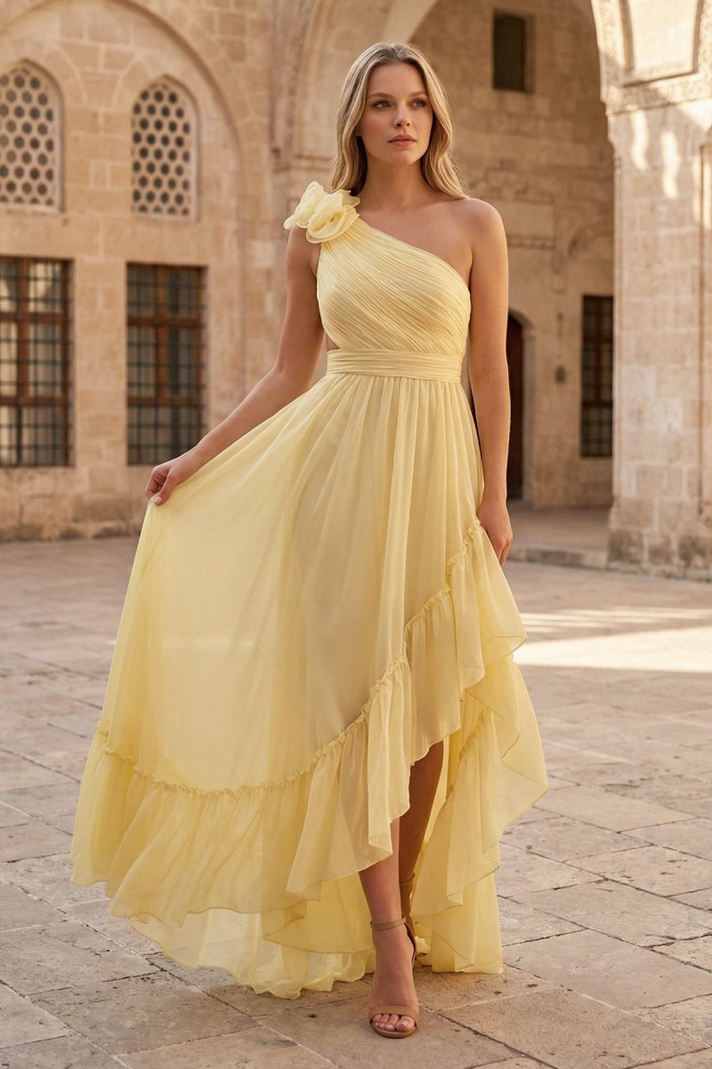 Light Yellow A - line One Shoulder Lace - Up Pleated Ruffle High - Low Prom Dress - KissProm