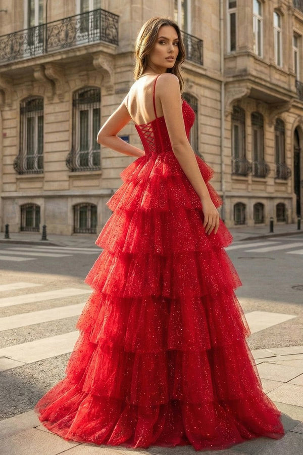 Gorgeous Sparkle Tulle Red Spaghetti Straps Ruched Prom Dress - KissProm
