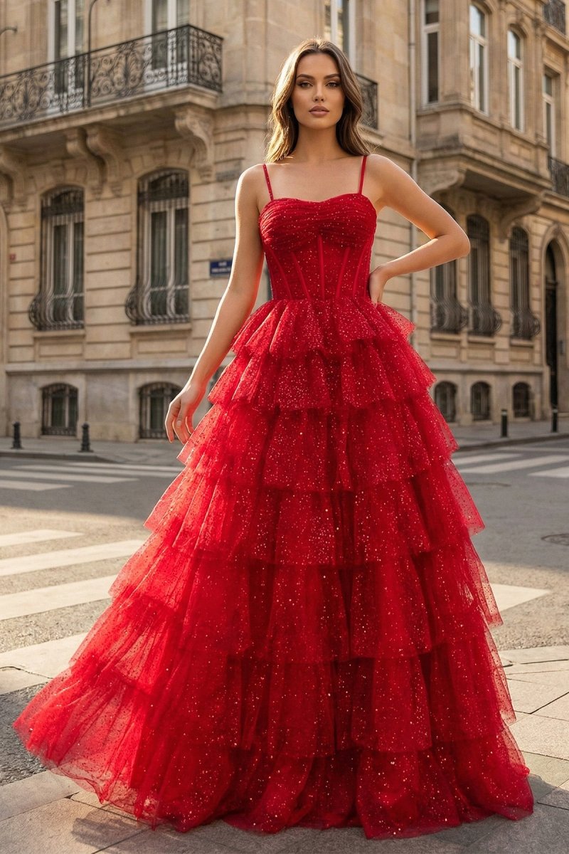 Gorgeous Sparkle Tulle Red Spaghetti Straps Ruched Prom Dress - KissProm