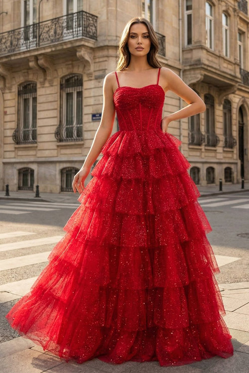 Gorgeous Sparkle Tulle Red Spaghetti Straps Ruched Prom Dress - KissProm
