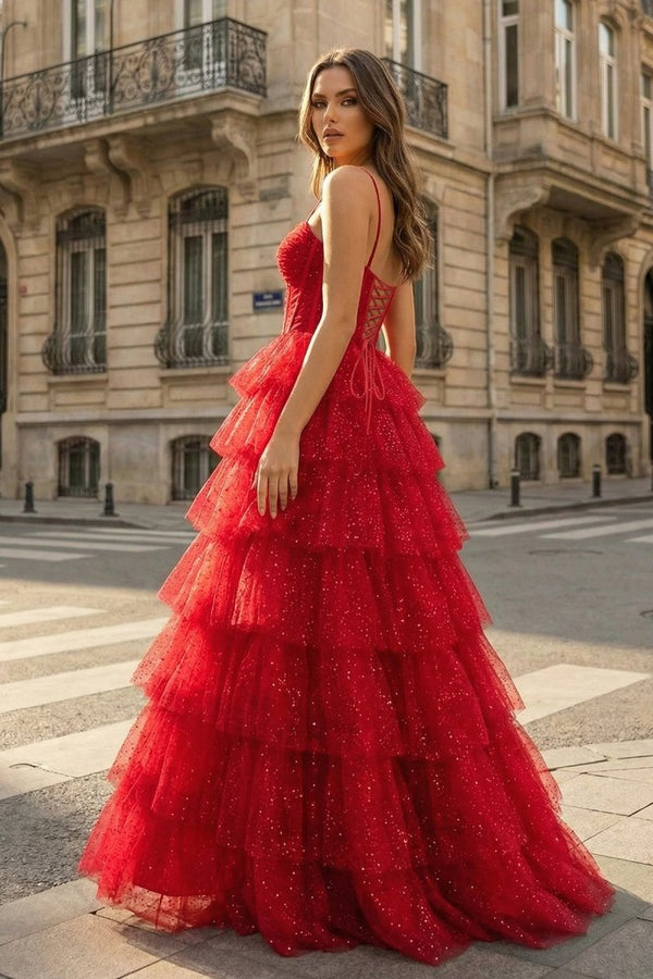 Gorgeous Sparkle Tulle Red Spaghetti Straps Ruched Prom Dress - KissProm