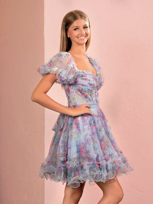 Ivana | Sky Blue A Line Off the Shoulder Printed Homecoming Dress