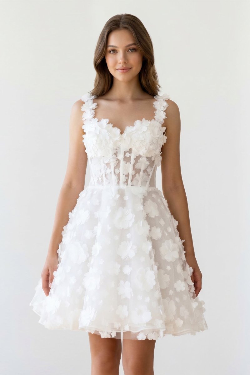 Ivory A - Line Sweetheart Lace Graduation Dress With 3D Flower - KissProm