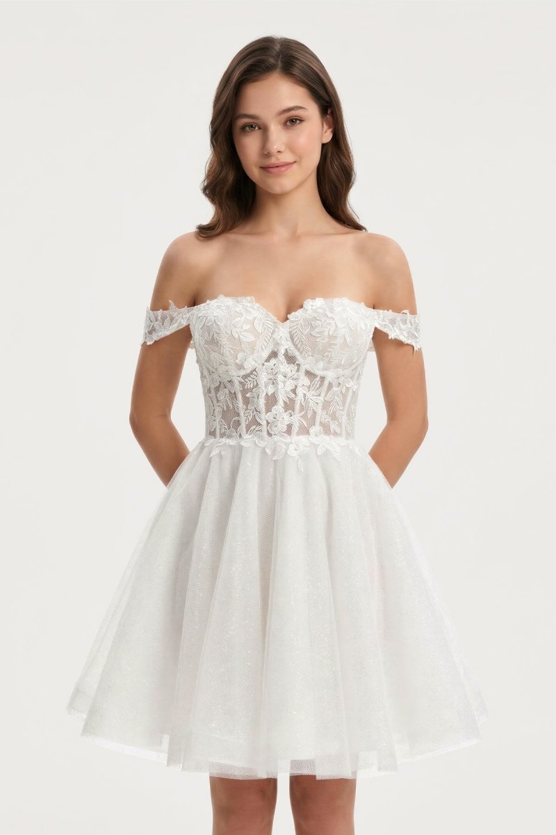 Ivory Off - the - Shoulder Appliqued Corset Graduation Dress - KissProm