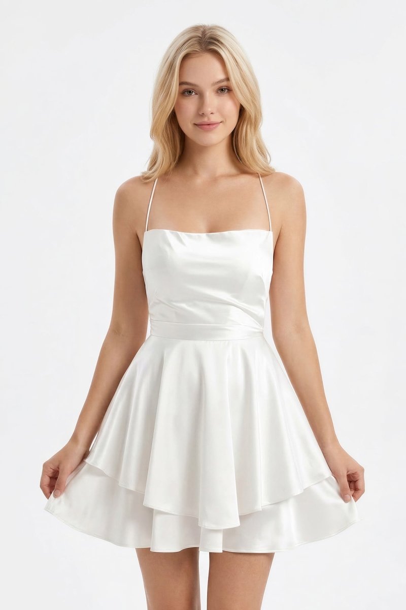 Ivory Ruffled A - Line Satin Graduation Dress - KissProm