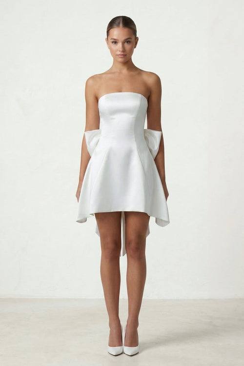 Ivory Strapless A - Line Satin Graduation Dress with Bow - KissProm