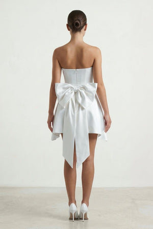 Ivory Strapless A - Line Satin Graduation Dress with Bow - KissProm